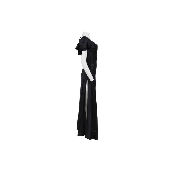 Saint Laurent Womens Maxi Dress Medium 38 Black Silk Ruffle Shoulder Side Split - Picture 3 of 14